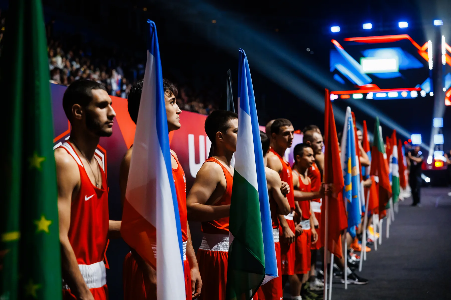 Boxers and national teams entering an arena